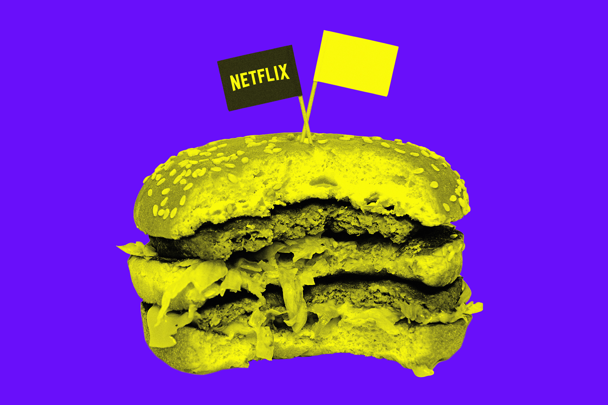 partially eaten cheeseburger with two toothpick flags, one with the Netflix logo and one plain white