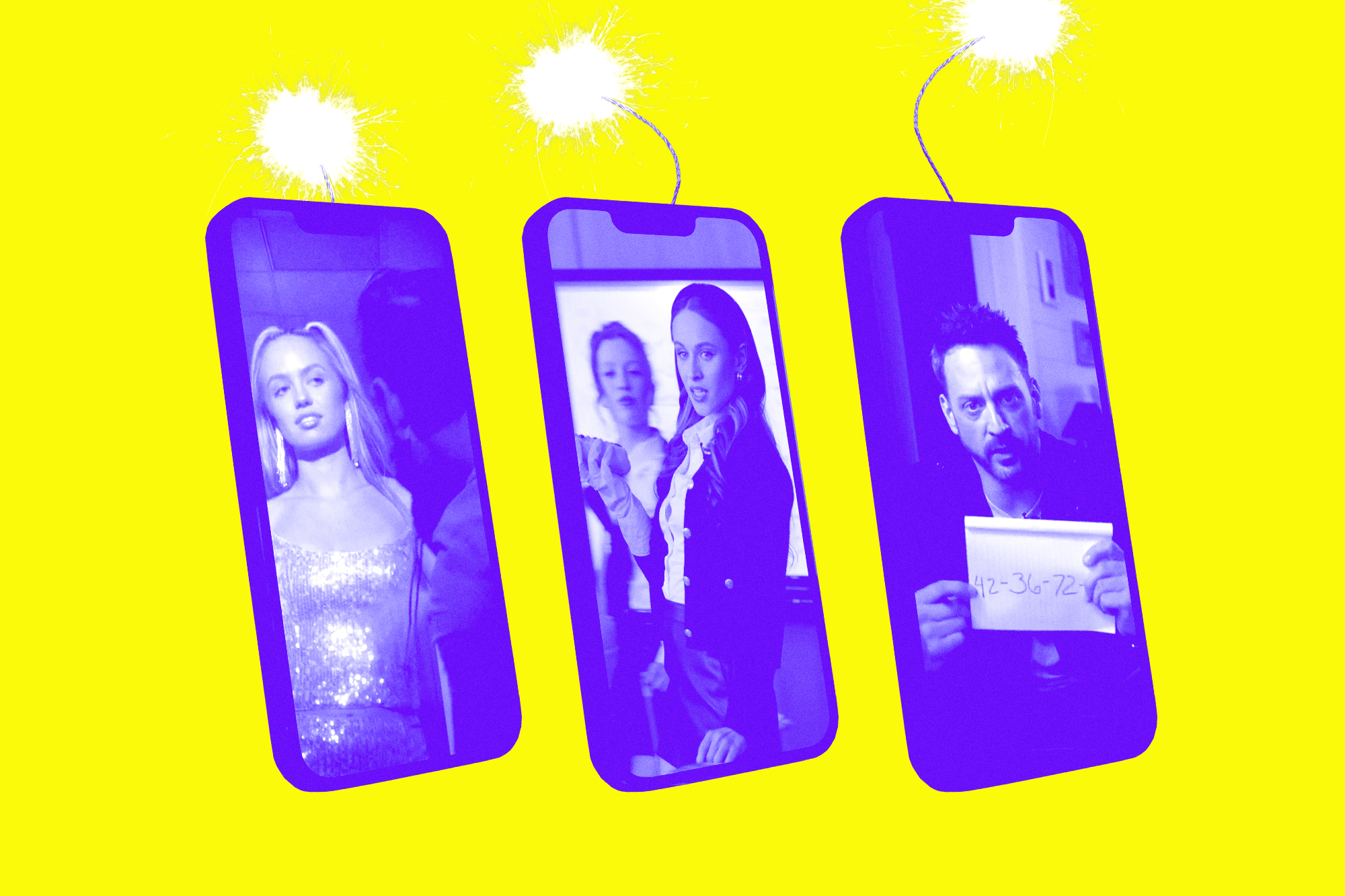 3 smartphones displaying microdramas with lit fuses sticking out of the tops