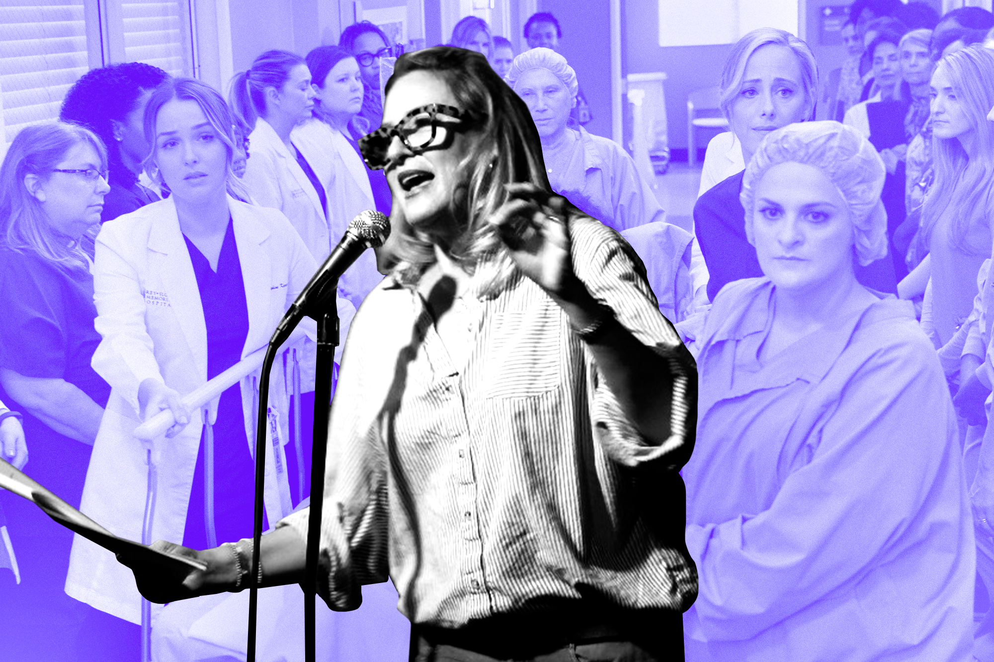A collage featuring Jamie Denbo performing at a mic and a photo from the Grey's Anatomy episode, 'Silent All these Years' featuring former writer, Elisabeth Finch